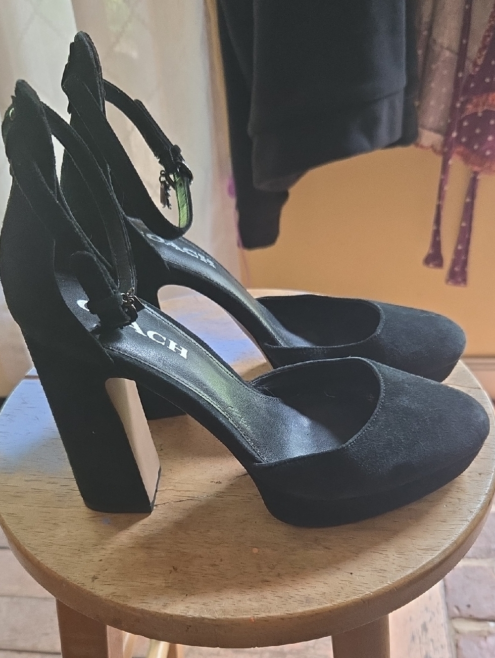 Coach Black Suede Platform Block Heel Sandals